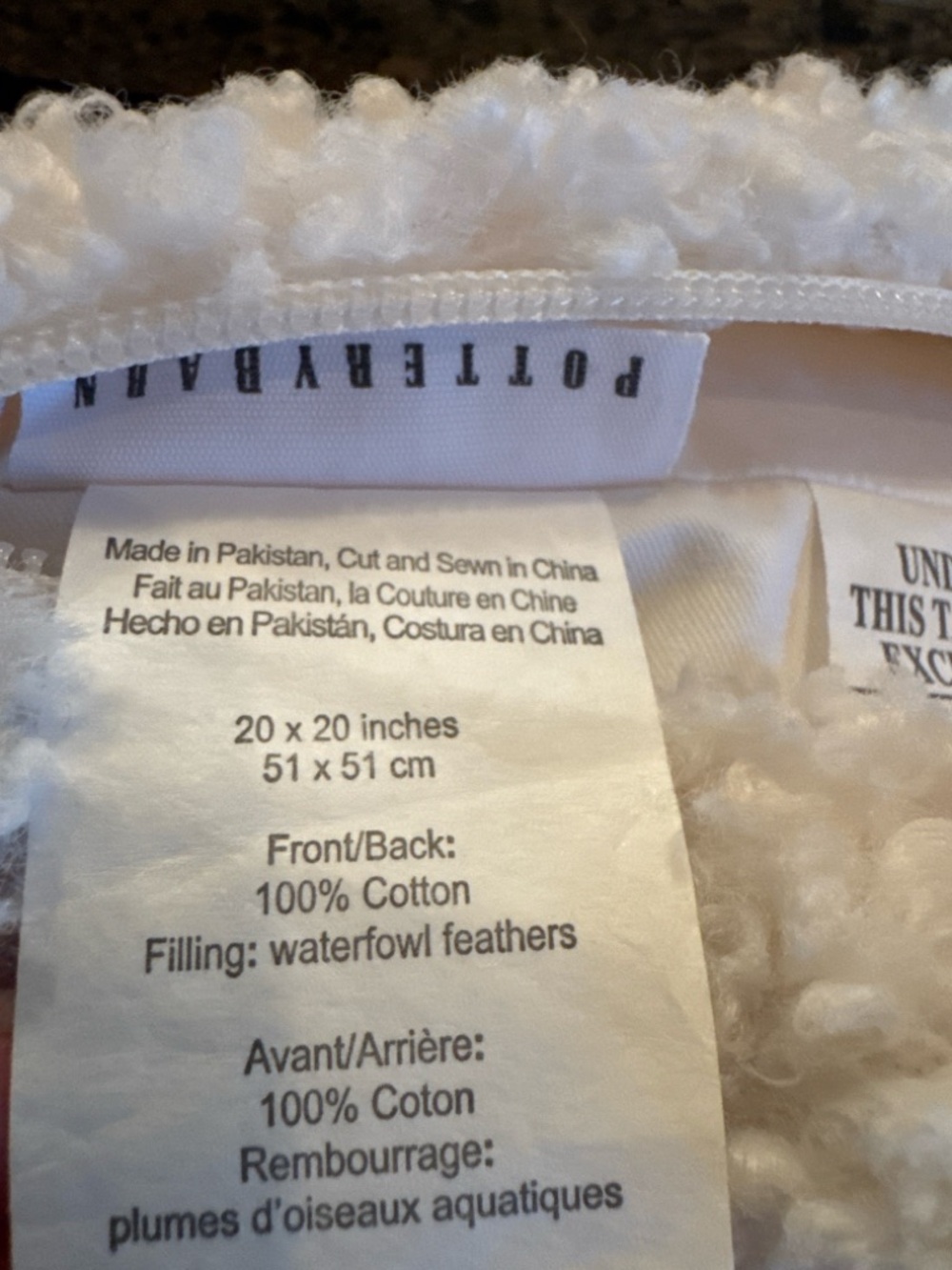 Pottery Barn Ivory Bouclé Throw Pillow, 20” w/ Feather Insert, Textured - Picture 4 of 7